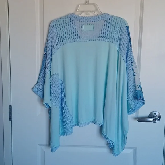 POL Blue Boho Print + Sheer Knit V Neck Rayon Jersey Top - Picture 9 of 14
